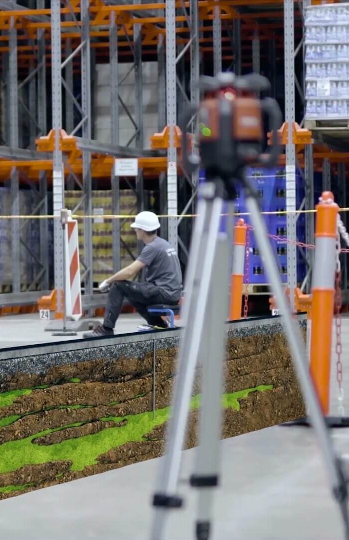 Geolift monitoring industrial floor stabilization using laser level measurement