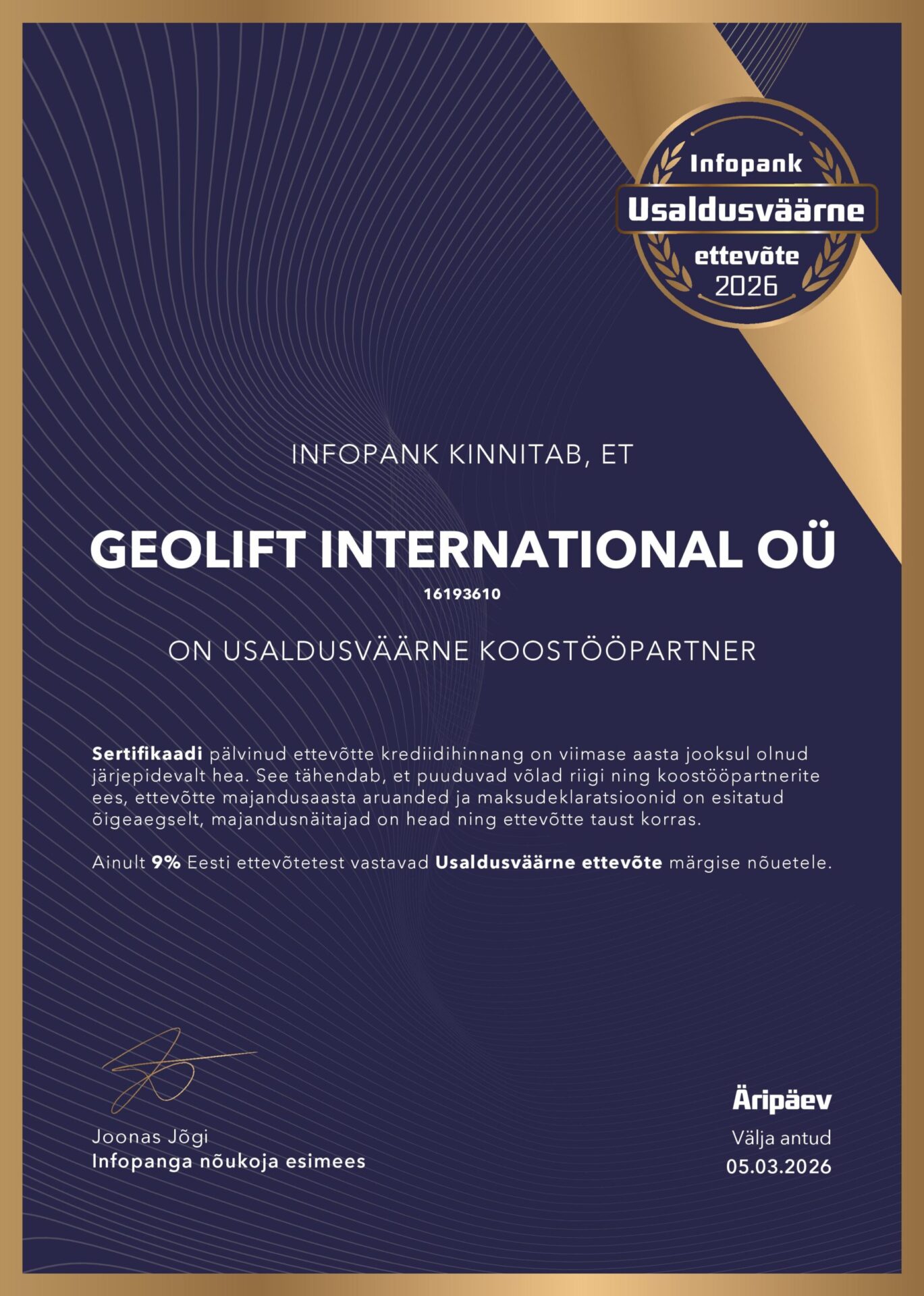 GEOLIFT INTERNATIONAL OÜ Infopanga usaldusväärse ettevõtte sertifikaat 2026